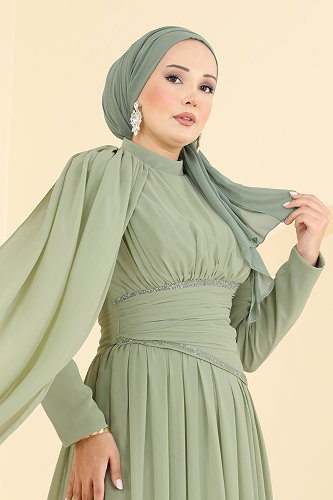 moda selvim فستان سهرة أخضر عشبي 5766DMNK1166 - Thumbnail
