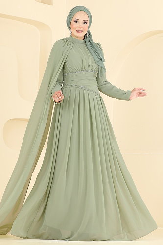 moda selvim فستان سهرة أخضر عشبي 5766DMNK1166 - Thumbnail