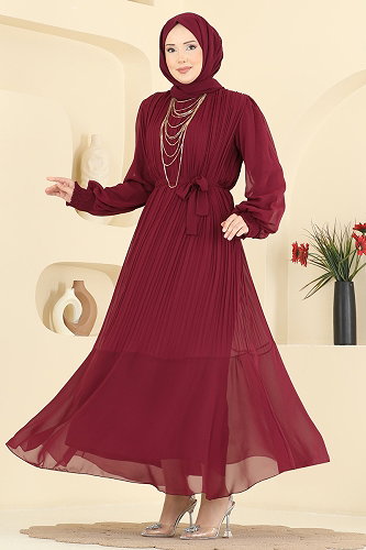 moda selvim Evening Dress 5770EDF311 Burgundy - Thumbnail