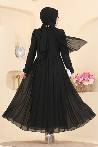 moda selvim فستان سهرة أسود 5772DMNK1166 - Thumbnail