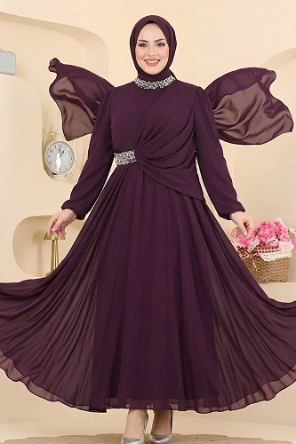 moda selvim فستان سهرة أرجواني 5772DMNK1166 - Thumbnail