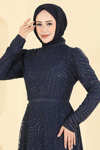 moda selvim فستان سهرة كحلي فاتح 5776EDF311 - Thumbnail