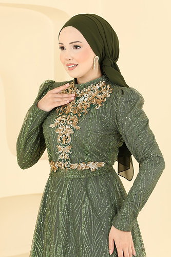 moda selvim Evening Dress 5777EDF311 Khaki - Thumbnail