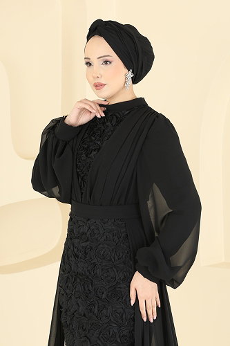 moda selvim Evening Dress 5800EDFK1198 Black - Thumbnail