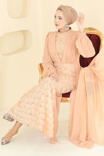 moda selvim Evening Dress 5800EDFK1198 Light Salmon - Thumbnail