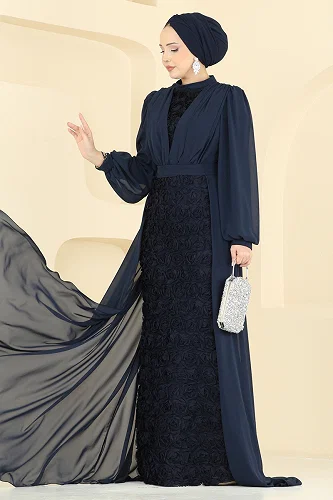 moda selvim Evening Dress 5800EDFK1198 Navy Blue - Thumbnail