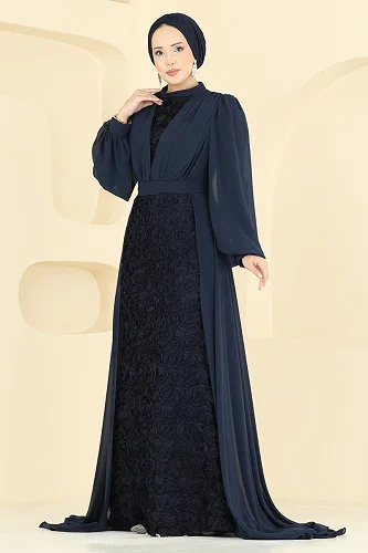 moda selvim Evening Dress 5800EDFK1198 Navy Blue - Thumbnail