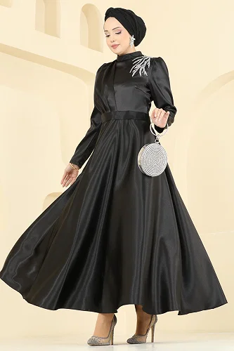 moda selvim فستان سهرة أسود 5801EDFK1198 - Thumbnail