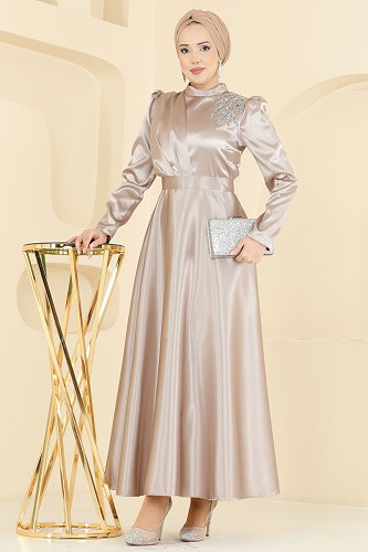 moda selvim Evening Dress 5801EDFK1198 Stone - Thumbnail