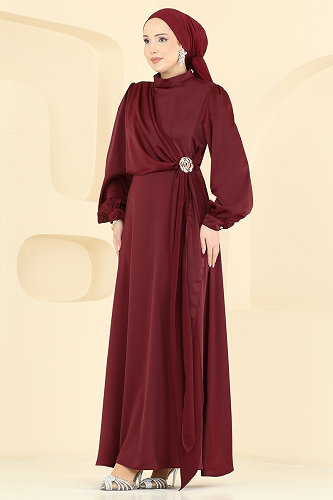 moda selvim فستان سهرة خمري 5803EDFK1198 - Thumbnail