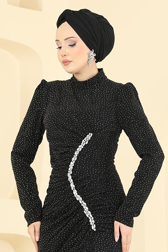 moda selvim Evening Dress 5804EDFK1198 Black - Thumbnail