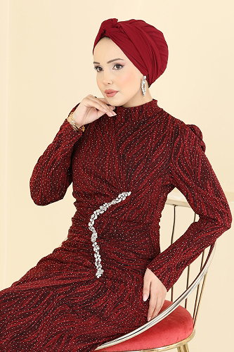 moda selvim Evening Dress 5804EDFK1198 Burgundy - Thumbnail