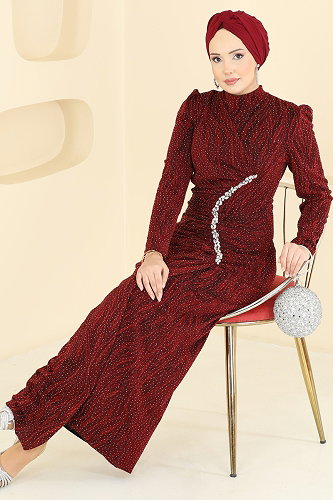 moda selvim فستان سهرة خمري 5804EDFK1198 - Thumbnail