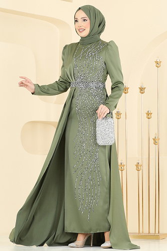 moda selvim Evening Dress 5807EDFK1198 Almond Green - Thumbnail