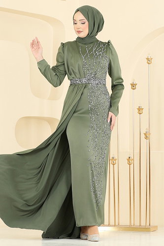 moda selvim Evening Dress 5807EDFK1198 Almond Green - Thumbnail