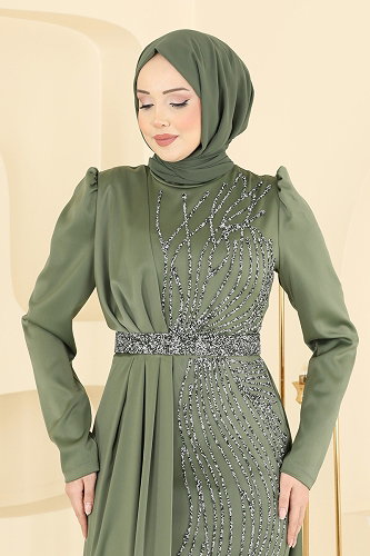 moda selvim Evening Dress 5807EDFK1198 Almond Green - Thumbnail