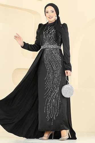 moda selvim Evening Dress 5807EDFK1198 Black - Thumbnail