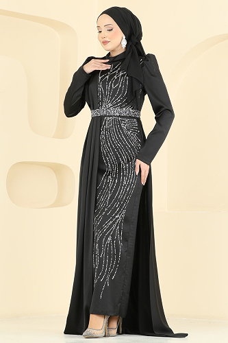 moda selvim فستان سهرة أسود 5807EDFK1198 - Thumbnail
