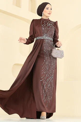 moda selvim Evening Dress 5807EDFK1198 Brown - Thumbnail