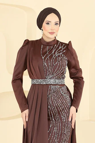 moda selvim Evening Dress 5807EDFK1198 Brown - Thumbnail