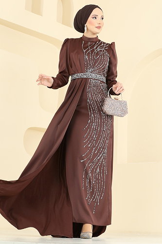 moda selvim فستان سهرة بني 5807EDFK1198 - Thumbnail