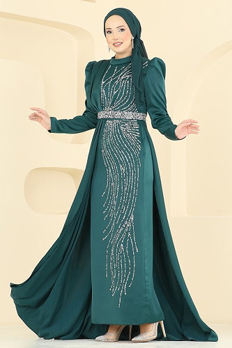 moda selvim فستان سهرة زيتي 5807EDFK1198 - Thumbnail