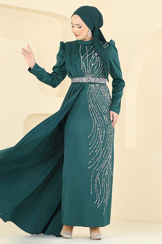 moda selvim فستان سهرة زيتي 5807EDFK1198 - Thumbnail