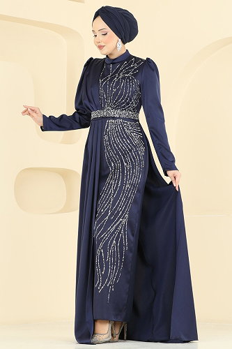 moda selvim فستان سهرة كحلي 5807EDFK1198 - Thumbnail
