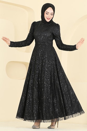 moda selvim Evening Dress 5808EDFK1198 Black - Thumbnail