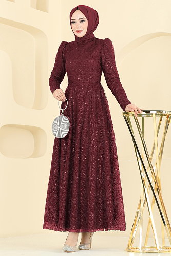 moda selvim Evening Dress 5808EDFK1198 Burgundy - Thumbnail