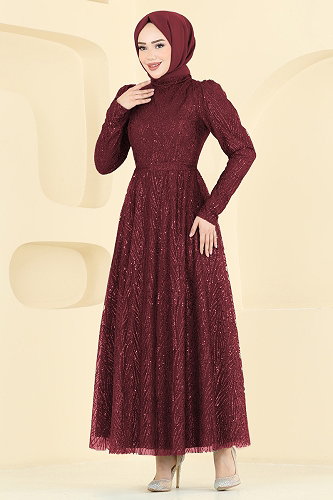 moda selvim Evening Dress 5808EDFK1198 Burgundy - Thumbnail