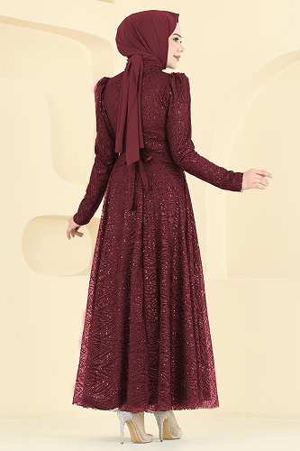 moda selvim فستان سهرة خمري 5808EDFK1198 - Thumbnail