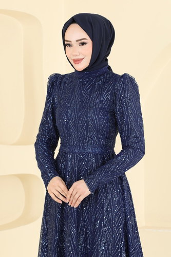 moda selvim Evening Dress 5808EDFK1198 Navy Blue - Thumbnail