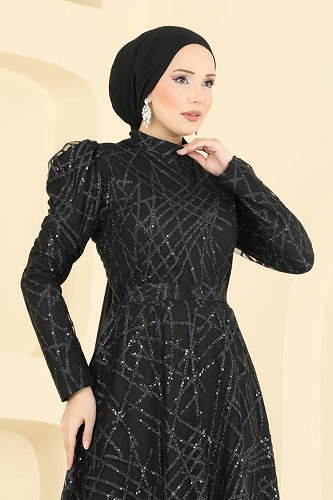 moda selvim فستان سهرة أسود 5811EDFK1198 - Thumbnail