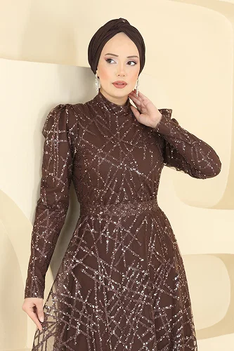 moda selvim Evening Dress 5811EDFK1198 Brown - Thumbnail