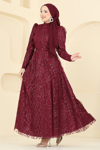 moda selvim Evening Dress 5811EDFK1198 Burgundy - Thumbnail