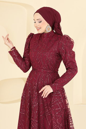 moda selvim Evening Dress 5811EDFK1198 Burgundy - Thumbnail