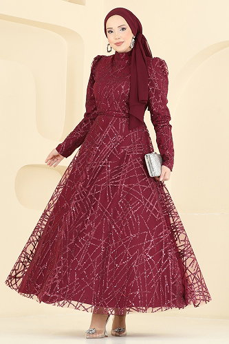 moda selvim فستان سهرة خمري 5811EDFK1198 - Thumbnail
