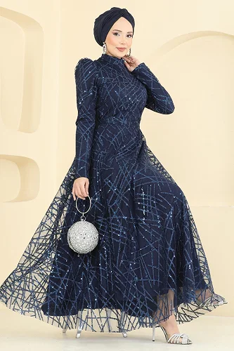 moda selvim فستان سهرة كحلي 5811EDFK1198 - Thumbnail