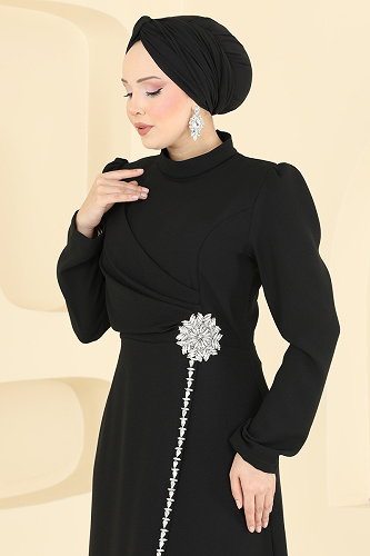 moda selvim Evening Dress 5812EDFK1198 Black - Thumbnail