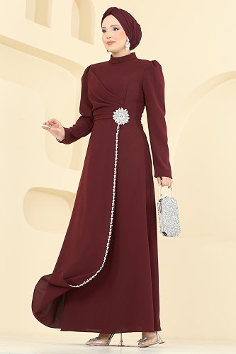moda selvim Evening Dress 5812EDFK1198 Burgundy - Thumbnail