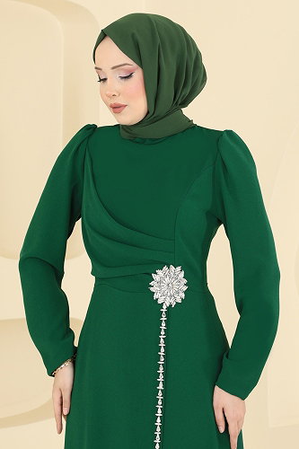 moda selvim فستان سهرة زيتي 5812EDFK1198 - Thumbnail