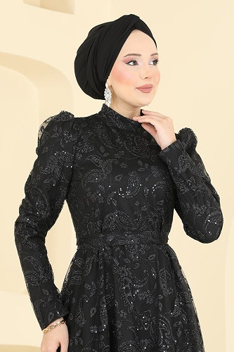 moda selvim Evening Dress 5813EDFK1198 Black - Thumbnail