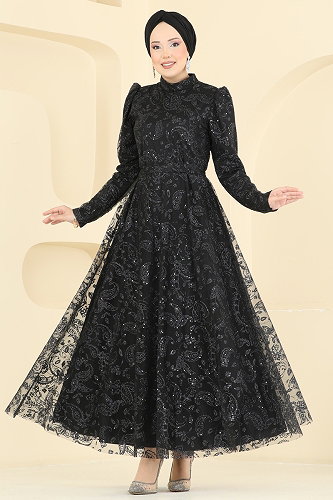moda selvim فستان سهرة أسود 5813EDFK1198 - Thumbnail