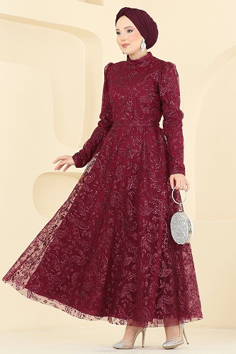 moda selvim فستان سهرة خمري 5813EDFK1198 - Thumbnail