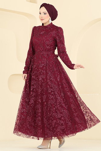 moda selvim فستان سهرة خمري 5813EDFK1198 - Thumbnail