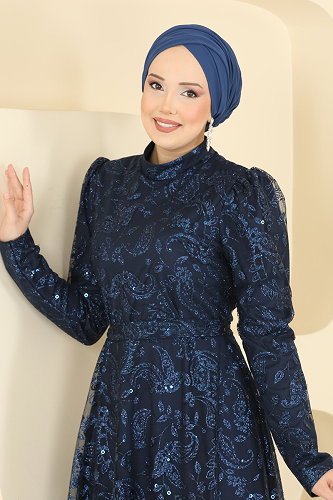 moda selvim Evening Dress 5813EDFK1198 Navy Blue - Thumbnail