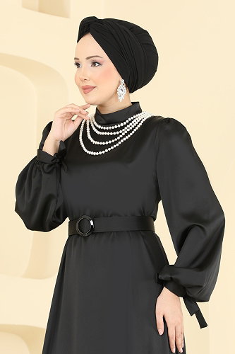 moda selvim فستان سهرة أسود 5814EDFK1198 - Thumbnail