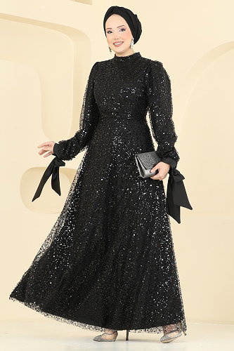 moda selvim Evening Dress 5816EDFK1198 Black - Thumbnail