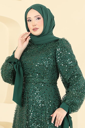 moda selvim فستان سهرة زيتي 5816EDFK1198 - Thumbnail